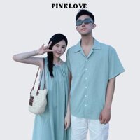 Set đồ đôi đi biển nam nữ hàn quốc PINKLOVE áo sơ mi nam đầm maxi nữ màu xanh thời trang P173