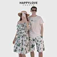 Set đồ đôi đi biển nam nữ HAPPYLOVE cặp áo quần nam jum nữ màu trắng hoạ tiết lá xanh thời trang M060