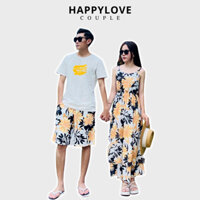 Set đồ đôi đi biển nam nữ couple HAPPYLOVE bộ đồ cặp đi bơi hoạ tiết hoa lá thời trang M056