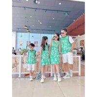 Set Đồ Đôi Gia Đình Cổ Phối Bo Và Đầm Cặp XANH LÁ DD13
