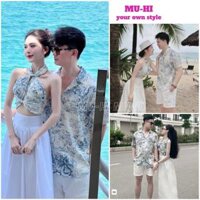 Set đồ đôi hoạ tiết, áo sơ mi nam ngắn tay + áo yếm phối chân váy xoè dài maxi - Bộ đi chơi nam nữ - MUHI SETDOI01