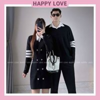 Set đồ đôi mùa đông áo len nam dày tay đầm nữ dáng ôm màu đen họa tiết sọc trắng HAPPY LOVE H230