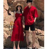 SET ĐỒ ĐÔI NAM NỮ, ÁO CẶP SƠ MI ĐẦM HAI DÂY ĐI BIỂN PHONG CÁCH HÀN QUỐC