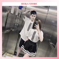 Set đồ đôi nam nữ áo thun cổ tròn họa tiết kẻ 3 sọc mix quần đùi hoặc chân váy xếp ly Beika Store SB0033