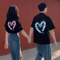 Set đồ đôi nam nữ áo thun mặc cùng người yêu trái tim suport unisex L66  form rộng có croptop cổ tròn tay lỡ [A127]