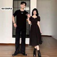 Set đồ đôi nam nữ áo thun nam váy nữ dáng dài khoét eo màu đen in chữ màu trắng HAPPYLOVE G203