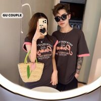 Set đồ đôi nam nữ áo thun nam đầm nữ dáng dài xẻ tà in chữ màu nâu hồng thời trang HAPPYLOVE G172