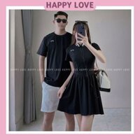 Set đồ đôi nam nữ áo thun nam váy nữ dáng ngắn màu đen thêu nơ nhí cho cặp đôi HAPPY LOVE H196