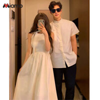 Set Đồ Đôi Nam Nữ Cotton (Áo Sơ Mi Nam + Đầm Nữ) Mẫu Trắng Dạ Vũ Style Hàn Quốc Miamo MO33