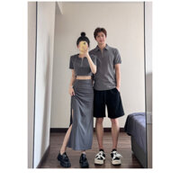 SET ĐỒ ĐÔI TÌNH NHÂN ÁO THUN NAM VÀ SET ÁO CROTOP KÈM CHÂN VÁY BODY NỮ MÀU XÁM, SET SIÊU XINH 2023.