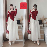 Set Đồ Dự Tiệc Nữ Áo Len Đỏ Trễ Vai Kèm Nơ Mix Chân Váy Dáng Dài Phong Cách TIểu Thư Xinh Mê