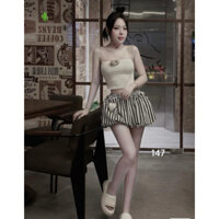 Set đồ đùi nữ áo bozip 2 dây bún đính gấu bông kèm quần đùi bí sọc dọc