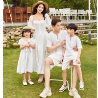 set đồ gia đình thiết kế cao cấp có hình feedback - áo gia đình màu trắng - váy áo đôi màu trắng cho gia đình