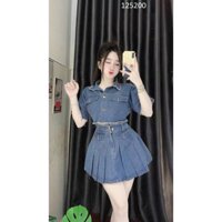 Set đồ jeans nữ áo crop top cộc tay mix chân váy chữ A xếp ly năng động cá tính D218