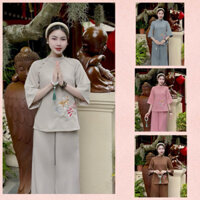 Set đồ lam đi chùa, pháp phục set bộ tuyết nhung áo cổ v tay lỡ xẻ tà thêu tâm phối quần dài cực thanh lịch, nhẹ nhàng