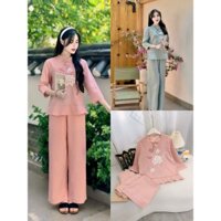 Set đồ lam mặc đi lễ chùa chất đũi vân mây thời trang thiết kế nữ dịu dàng , áo dài tay đính nút in hoa sen