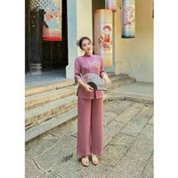 Set đồ lam vân mây thêu chữ An thời trang thiết kế nữ cổ trụ đính nút tay dài áo xẻ tà quần dài dịu dàng