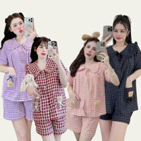 Set đồ mặc nhà nữ đũi nhăn form rộng áo túi gấu mix quần đùi – màu hồng/tím/xanh than/đỏ
