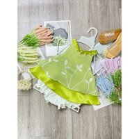 Set đồ mẹ và bé gái yếm voan xanh cốm bé 8-28g mẹ 40-63kg