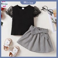 Set Đồ Mùa Hè 2 Món Gồm Áo Ren Đen + Váy Kẻ Sọc Caro Đáng Yêu Cho Bé Gái 1-4 Tuổi