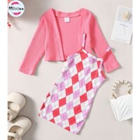 Set Đồ Mùa Thu 2 Món Gồm Áo Tay Dài + Váy Hai Dây Kẻ Sọc Caro Đáng Yêu Cho Bé Gái 1-4 Tuổi