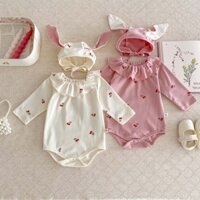 Set Đồ Mùa Thu 2 Món Gồm Áo Liền Quần Tay Dài Cổ Bẻ In Họa Tiết cherry + Mũ Thỏ Cho Bé Gái Sơ Sinh 0-24 Tháng Tuổi