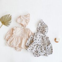 Set Đồ Mùa Thu 2 Món Gồm Áo Liền Quần Tay Dài In Họa Tiết Trái Tim + Mũ Cho Bé Gái 0-2 Tuổi