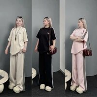Set đồ nam nữ thêu logo cún sọc viền thể thao, đồ bộ freesize phối sọc trẻ trung chất liệu cotton