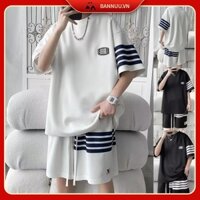 Set đồ nam sọc ngang ộng rộng áo thun nam + quần short bộ quần áo nam thời trang đồ bộ thể thao nữ Hàn
