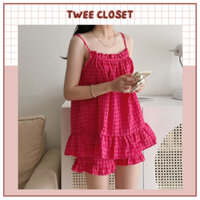 Set Đồ Ngủ 2 Dây Kẻ Caro, Đồ Bộ Mặc Nhà Dễ Thương, Xinh Xắn, Đồ Ngủ Nữ Chất Đũi Hàn, Thoáng Mát. Freesize dưới 65kg