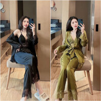 Set Đồ Ngủ Áo 2 Dây Phối Ren Sexy Kèm Áo Choàng & Quần Lụa Mềm Cực Mát Freesize