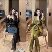 Set Đồ Ngủ Áo 2 Dây Phối Ren Sexy Kèm Áo Choàng & Quần Lụa Mềm Cực Mát Freesize Nami2