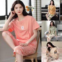 Set Đồ Ngủ Áo Tay Ngắn Cổ Tròn + Quần Lửng In Họa Tiết Hoạt Hình Mới Cho Nữ