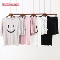 Set Đồ Ngủ Áo Thun Tay Ngắn Và Quần Short Vải Cotton Cho Nữ