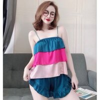 Set Đồ Ngủ NhiStore Bộ Mặc Nhà Lụa Latin Áo Kiểu Bèo 3 Tầng Quần Ngắn Lưng Thun 57kg