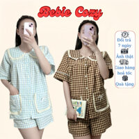 Set đồ ngủ nữ BEBIE COZY kẻ caro cổ sen túi nơ tay ngắn quần đùi chất đũi thoáng mát pijama freesize