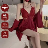 Set đồ ngủ nữ lụa DK92 cánh bướm có mút ngực kiểu đầm mặc nhà 2 dây gồm váy và áo choàng sexy quyến rũ
