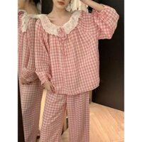 Set đồ ngủ nữ mặc nhà trễ vai kẻ caro - Set đồ bộ nữ màu trơn pastel