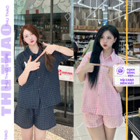 Set đô ngủ nữ tay ngắn quần đùi mùa hè cao cấp có size vải kẻ thô Hàn chất mát. (Kẻ Caro ĐÙI)