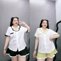 Set đồ ngủ pijama bigsize cho nữ vải xốp đũi cao cấp viền bèo cùng quần dáng chữ A thoải mái, trơn - SET65
