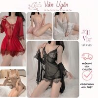 Set đồ ngủ sexy 3 món gồm váy và áo choàng kiểu đầm 2 dây xuyên thấu kèm quần lót quyến rũ