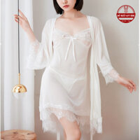 Set đồ ngủ sexy nữ gồm váy và áo choàng kiểu đầm 2 dây xuyên thấu có quần lót khiêu gợi