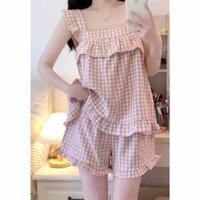SET ĐỒ NGỦ TAY CÁNH TIÊN KẺ SỌC CARO, SIÊU DỄ THƯƠNG,ĐỒ BỘ  NỮ MẶC NHÀ VẢI COTTON MỀM MỊN MÁT