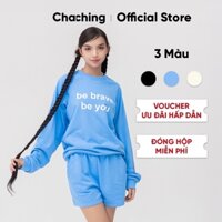 Set Đồ Nỉ Unisex Áo Sweater Cổ Tròn Và Quần Short Lưng Thun ChaChing,Bộ Quần Áo Nỉ Và Quần Ngắn Vải Nỉ Thun Cua Tici