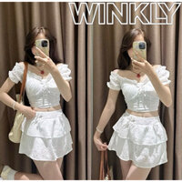 Set đồ nữ 2 chi tiết áo trễ vai ren boi croptop cup ngự c mix chân váy xoè tầng đính nơ đi du lịch biển mùa hè sang chản