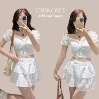Set đồ nữ 2 chi tiết Chakovet Áo váy trễ vai ren boi croptop cúp ngực mix chân váy xoè tầng đi du lịch biển mùa hè S8976