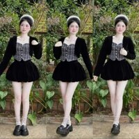 Set đồ nữ 3 món áo dạ đính nút kèm áo khoác tay dài phối quần bí nhung dáng ngắn