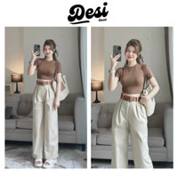 Set đồ nữ 3 món áo thun basic màu nâu tây quần Kaki Kem suông (kèm nịt) đi học, đi làm đều hợp | MS053