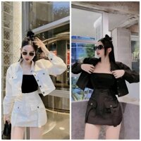 Set đồ nữ 3 món chân váy ngắn, áo thun, áo khoác croptop kaki cá tính Tay dài