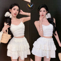 Set đồ nữ - Áo 2 dây croptop có mút ngực mix với chân váy chữ A chất đũi ren QC hàng loại 1 Dandan_1314